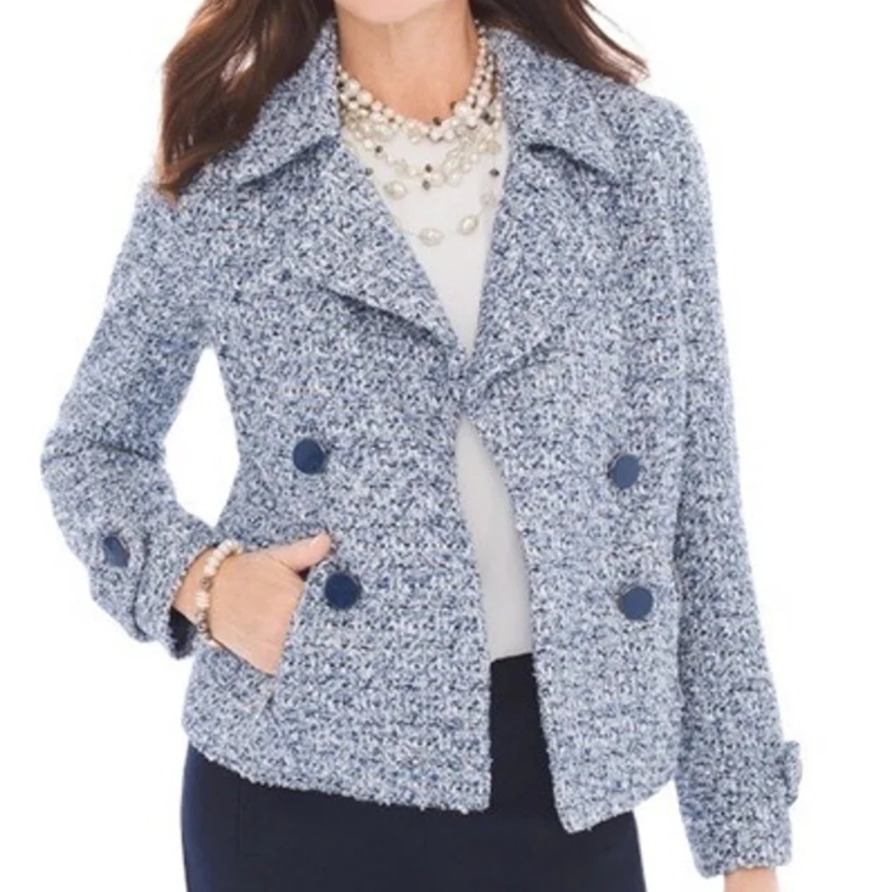 Chico’s Blue Tweed Double Breasted Jacket/Blazer size L (Chico’s 2) NWT lined